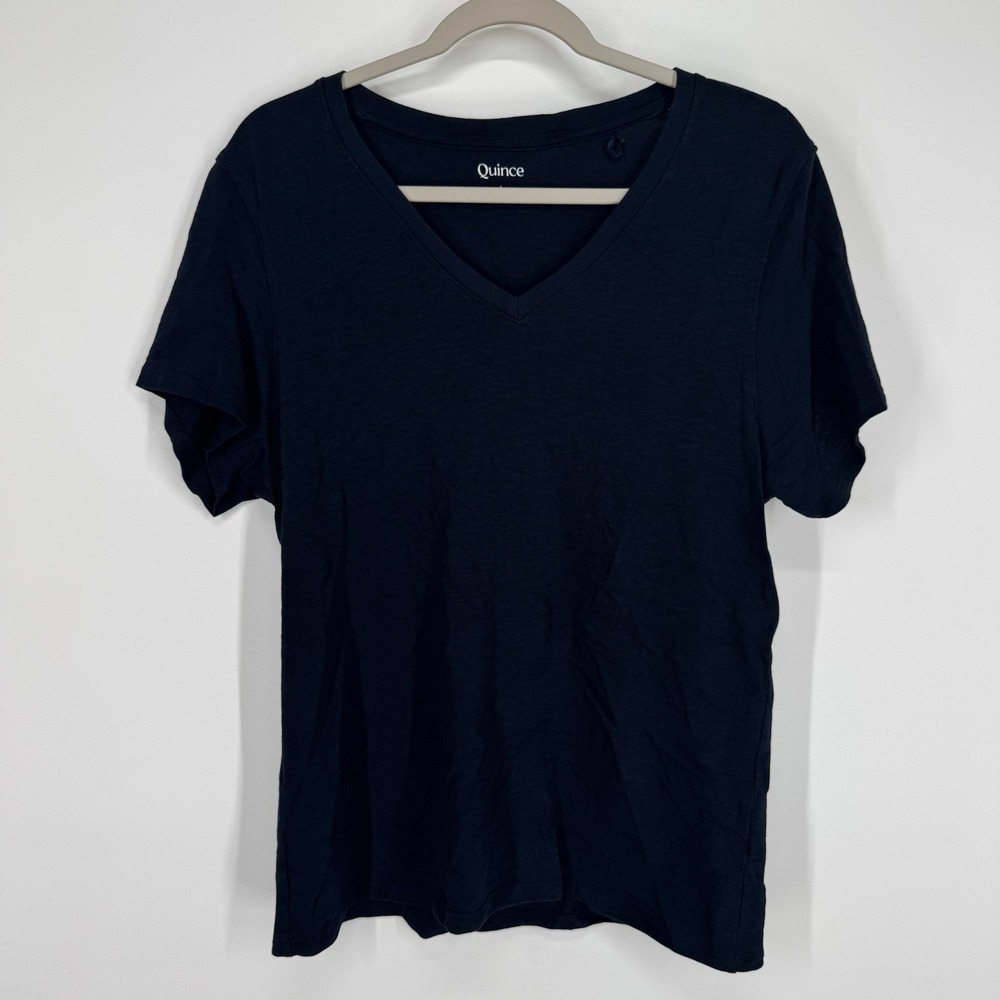 Quince Womens Large Navy Blue Organic Cotton V-Neck Short Sleeve T-Shirt